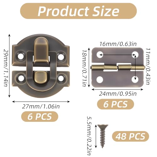 Antique Bronze Wooden Box Hinges and Latches, 6 Sets Hasp with Matching Screws Kit Antique Bronze Jewelry Box Hardware Retro Small Hinges DIY Project Jewelry Small Cabinet Wooden Craft Rep