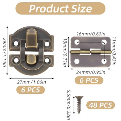 Antique Bronze Wooden Box Hinges and Latches, 6 Sets Hasp with Matching Screws Kit Antique Bronze Jewelry Box Hardware Retro Small Hinges DIY Project Jewelry Small Cabinet Wooden Craft Rep