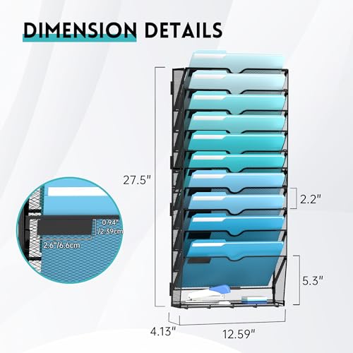 11 Tier Wall File Organizer - Hanging File Organizer with 5 Hooks, Mail Holder Wall Mounted for Papers, Folders, Magazines, Bills, Office&School Organization, Black - size: 11 Tier-Black
