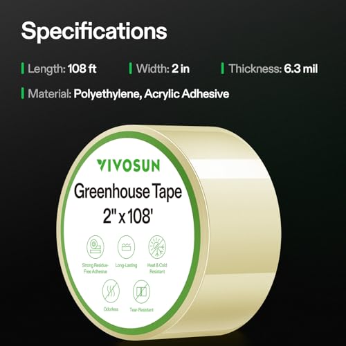VIVOSUN Greenhouse Repair Tape, 6.3 mil 2" x 108' Weatherproof Clear Poly Patch Tape, Heavy Duty Greenhouse Sheeting Coverings Film Tape for Plastic Sheeting and Tents - size: 2”x108’