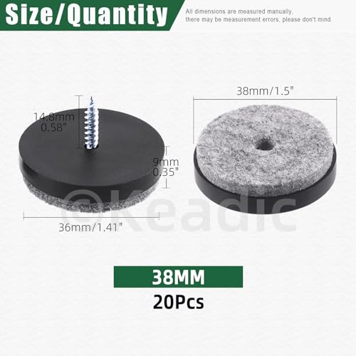 Keadic 20Pcs Screw-on Furniture Felt Pads Bulk Set, 1-1/2"(38mm) Dia Round Slider Glide Floor Protector for Wooden Furniture Chair Tables Leg Feet (Black) - size: 1-1/2"(38mm)