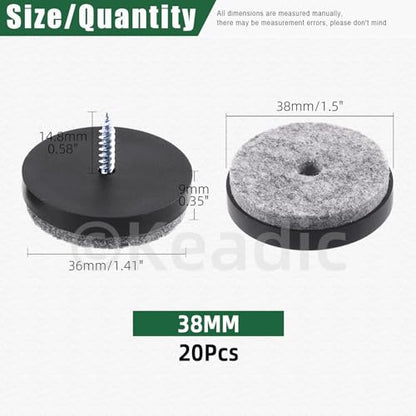 Keadic 20Pcs Screw-on Furniture Felt Pads Bulk Set, 1-1/2"(38mm) Dia Round Slider Glide Floor Protector for Wooden Furniture Chair Tables Leg Feet (Black) - size: 1-1/2"(38mm)