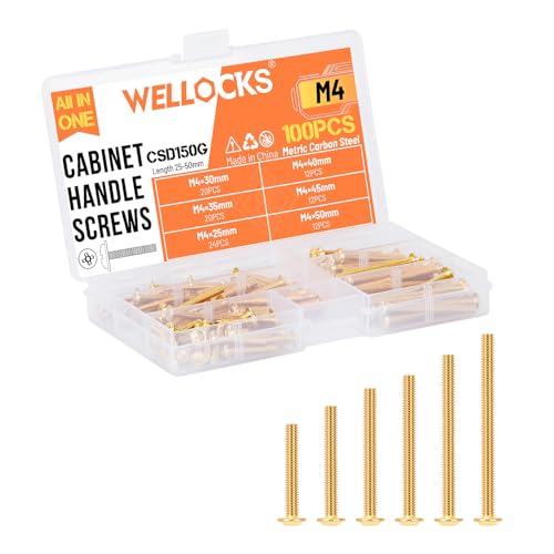 WELLOCKS Cabinet Pulls Knobs Screws M4 25-50mm 100 PCS Assortment Gold Machine Screws Pan Washer Head Metal Phillips Screws Kit for Cabinet Drawer Cupboard Closet Handles Install(CSD150G) - color: Gold, size: 100PCS