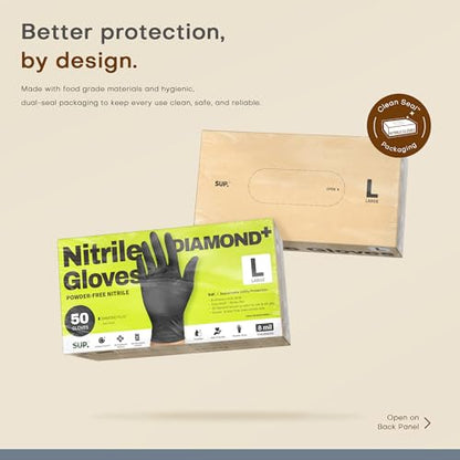 SUPER+ HEAVY DUTY Nitrile Gloves 8 Mil Diamond Texture Disposable Chemical Resistant Powder &Latex Free Food Safe Black 50 Ct - color: Large (Iron-grey)