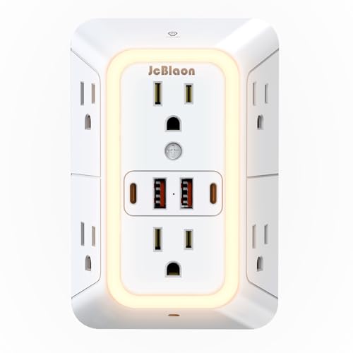 Wall Outlet Extender with Night Light, Power Plug Adapter 6 Outlet Extender with 4 USB Charging Ports 1050J Power Strip Multi Plug Adapter Spaced for Home Travel Office (2U2C) - color: White-1Pcs