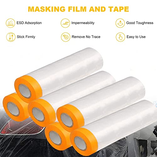 Tape and Drape, Pre-Taped Masking Film, 2 Rolls Automotive Best Tape and Drape Painters Paper, Paint Adhesive Protective Film Roll for Covering Skirting, Frames, Cars and Auto Body (59inchs x 65 feet) - size: 59 inches x 65 feet