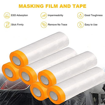 Tape and Drape, Pre-Taped Masking Film, 2 Rolls Automotive Best Tape and Drape Painters Paper, Paint Adhesive Protective Film Roll for Covering Skirting, Frames, Cars and Auto Body (59inchs x 65 feet) - size: 59 inches x 65 feet
