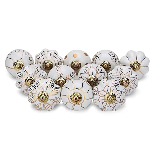 Craft Trade Decorative Ceramic Cabinet & Drawer Knobs – Kitchen Cabinet Hardware, Wardrobe, Cupboard & Dresser Pull Handles – Handmade Furniture Knobs (Off White, Set of 12) - color: Gold, style: 12