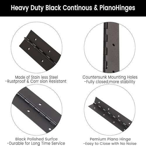 10 Inch Black Continuous Piano Hinges 2 Pack, Heavy Duty Stainless Steel Folding Hinges 0.05" Thickness 2" Open Width with Mounting Holes & Screws for Cabinet Doors Toolbox DIY Projects - size: 10IN-2IN-2PACK