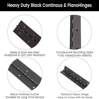 10 Inch Heavy Duty Continuous Piano Hinges, Black Stainless Steel 0.05" Thick 1.2" Open Width Folding Furniture Hinges with Screws for Cabinet Door Box DIY Projects (2 Pack) - size: 10IN-1.2IN-2PACK