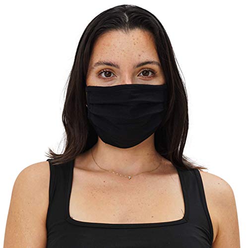 Simlu 6 Pack Unisex Reusable Pleated Fabric Face Mask with Adjustable Elastic, 2 Layer, Washable, Nose Wire Black Cloth Fits Men Women and Kids (OS Fits All, 6 Pack)