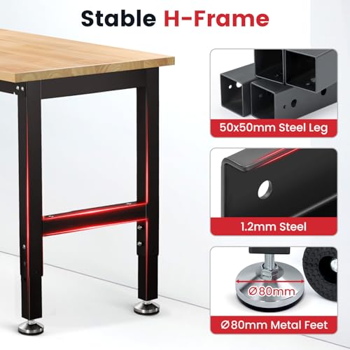 ENJOYWOOD 60" x 22" Heavy Duty Workbench Adjustable Height Garage Work Table with Solid Rubberwood Top for Workshop, Home & Office - size: Medium