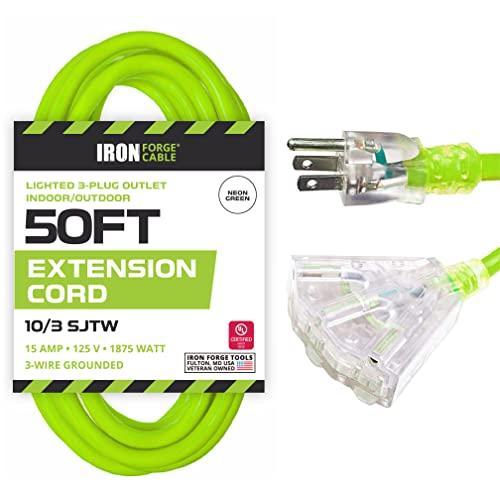 Iron Forge Cable 10 Gauge 50ft Lighted Outdoor Heavy Duty Extension Cord with 3 Outlets - 15 Amp 10/3 SJTW Green Extension Cord with Multiple Outlets - color: Neon Green, size: 50 Foot