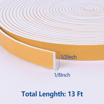 Kikerike Self Adhesive Foam Tape Weatherstrip 1/2in x 1/8in x 13Ft High Density Foam Insulation Strips Seal Weather Stripping with Strong Adhesive for Door and Window Sound Isolation Soundproofing - size: 1/2in x 1/8in x 13Ft