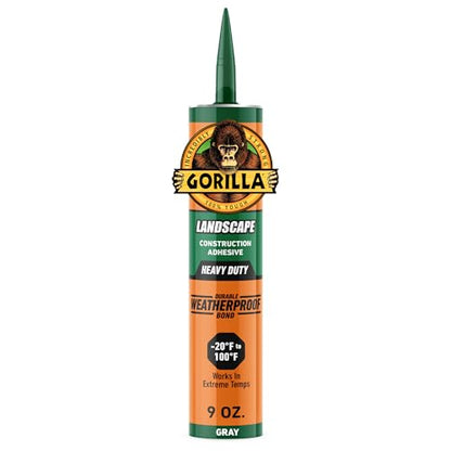Gorilla Landscape Construction Adhesive, Heavy Duty Weatherproof Bond, Gray, 9 fl. oz. Cartridge