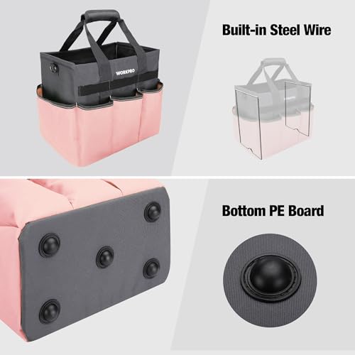 WORKPRO Garden Tool Bag, Heavy Duty Gardening Tote Bag Organizer with 10 Pockets and Long Adjustable Shoulder Strap, Standable Garden Home Tool Kits Organizer, Pink - Pink Ribbon - color: Pink