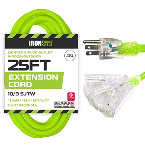 Iron Forge Cable 3 Outlet 10 Gauge Extension Cord 25 ft, 10/3 Heavy Duty Extension Cord with Multiple Plugs 3 Prong, SJTW Weatherproof Outdoor Power Cable Multi Outlets for Major Appliances - color: Neon Green, size: 25 Foot