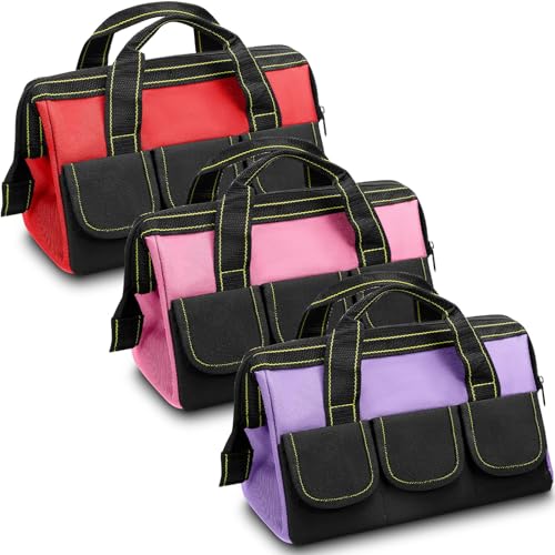Sanwuta 3 Pack Tool Bag for Men with Waterproof Hard Bottom, Heavy Duty Tool Bag Wide Mouth Tote for Various Instrument, Electrician Carpenter Mechanic(Red, Pink, Light Purple,16 Inch,Classic) - color: Red, Pink, Light Purple, size: 16 Inch, style: Classi