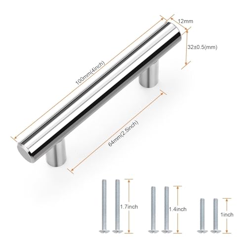Probrico 5 Pack Hole Centers (64mm) 2-1/2inch Polished Chrome Kitchen Cabinet Handles Stainless Steel Polished Chrome Cabinet Pulls Euro Style Pull Handle for Cabinets and Drawers Total Length 4inch - color: Polished Chrome, size: Hole Centers: 2-1/2"