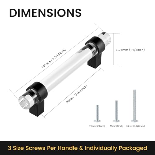 5 Pack Clear Glass Crystal Drawer Pulls and Handles, 3-3/4 Inch Matte Black Cabinet Pulls for Kitchen (96mm) - color: Matte Black, size: Hole Center : 3-3/4 Inch (96mm), style: 5 Pack
