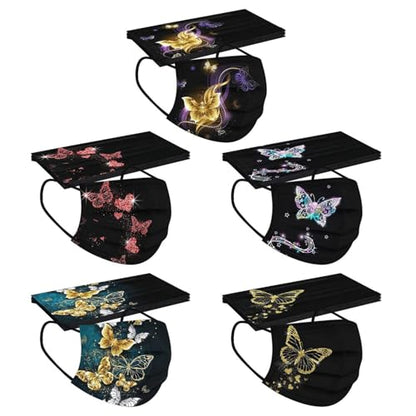50 PCs Butterfly Disposable Face_Mask for Women,3 Ply Adults Black Butterfly_Mask With Floral Design Fashion Facemask Women Men