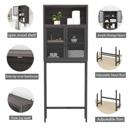 Launica Over The Toilet Storage Cabinet, Industrial Bathroom Organizer Above Toilet, Bathrooms Space Saver Stand with Shelf, Wood and Metal Freestanding Bathrooms Rack Behind The Toilet, Dark Gray Oak - color: Dark Gray Oak