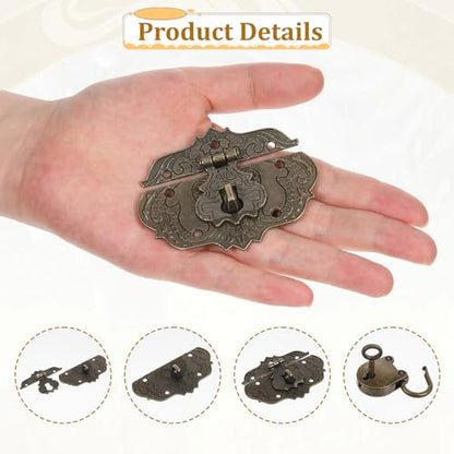 Antique Engraved Decorative Hasp Latch Lock and Mini Bear Padlock Kit Jewelry Box Hinges and Latches with Key and Mounting Screws Bronze Embossing Latch Hinges for Craft Wooden Furniture Projects