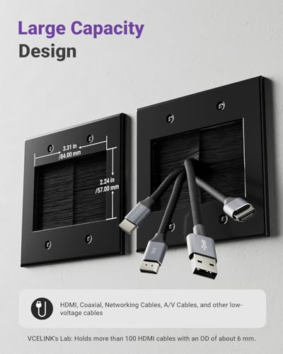 VCELINK 2 Gang Brush Wall Plate (Black, 2 Pack), Cable Pass Through Wire Hider for Cable Management, Compatible with Ethernet Cables, HDMI Cables & Home Theater Systems - color: Black