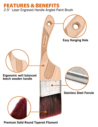 ROLLINGDOG 2 1/2 Inch (63.5mm) Angular Paint Brush with Ergonomic Well Balanced Claw Shaped Beech Wooden Handle, Easy Clean Premium Synthetic Filaments, Perfect for Cutting in and Other Detail Work - color: 2.5" Medium Bristles（pack of 1）