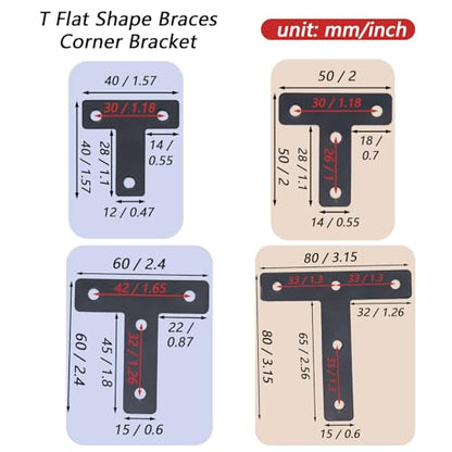 20pcs T Flat Shape Braces Corner Bracket, 80x80 mm Decorative Corner Brackets Mending Plate, Stainless Steel T-Shaped Bracket for Wood Furniture Fixing - size: T Black 80x80 mm