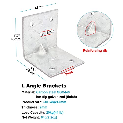20 PCS 1-7/8" L x 1-7/8" W x 1-7/8" H Steel L Right Angle Bracket, Reinforcing Rib Corner Brace for Wood Furniture, Lumber Connector, Max Load 44LB - size: 1-7/8" x 1-7/8"