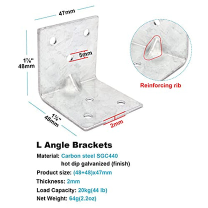 20 PCS 1-7/8" L x 1-7/8" W x 1-7/8" H Steel L Right Angle Bracket, Reinforcing Rib Corner Brace for Wood Furniture, Lumber Connector, Max Load 44LB - size: 1-7/8" x 1-7/8"