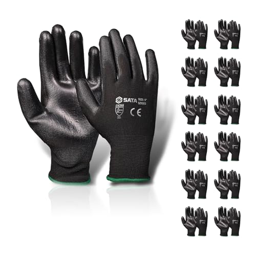 SATA 12 Pair 13-Gauge PU Palm Dipped Gloves, PU Coated Safety Work Gloves, Seamless Knit Glove for Men and Women - color: Black, size: 8size