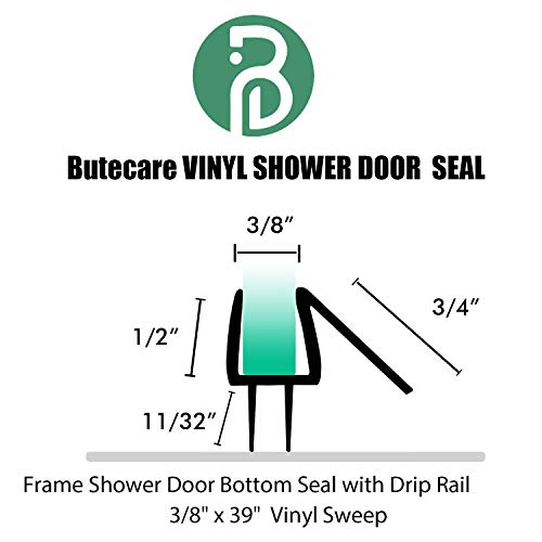 Butecare Premium Frameless Shower Door Bottom Seal Strip for Glass Doors - Shower Door Seal Sweep (3/8” x 39”, Clear Vinyl) - size: 3/8” x 39”