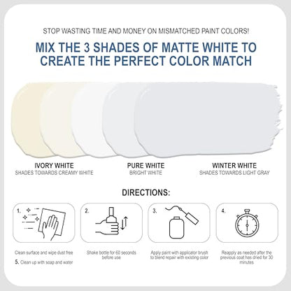 Sundaze Matte White Touch-Up Paint Pen Kit - Wall, Kitchen Cabinet, Furniture, Wood Door Touch Up - 3 Color Shades, Instantly Repair & Restore Scratches, Chips, Stains - Mix to Perfect Color Match