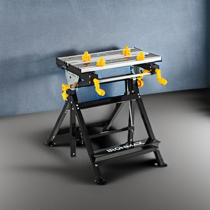 IRONMAX Portable Workbench, Folding Work Table with 7-Level Height Adjustable, 8 Sliding Clamps and Reclining, Folding Workbench and Vise for Cutting, Saw, Paint