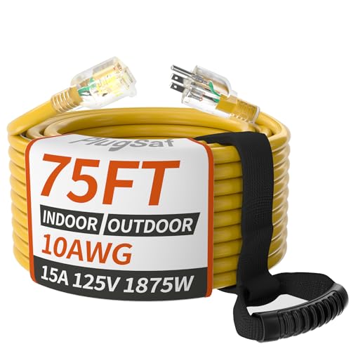 75ft 10 Gauge Outdoor Extension Cord Waterproof with Lighted Indicator,10 AWG SJTW Heavy Duty 15Amp 1875W,3 Prong Cords Flexible Copper Yellow ETL Listed - size: 75FT