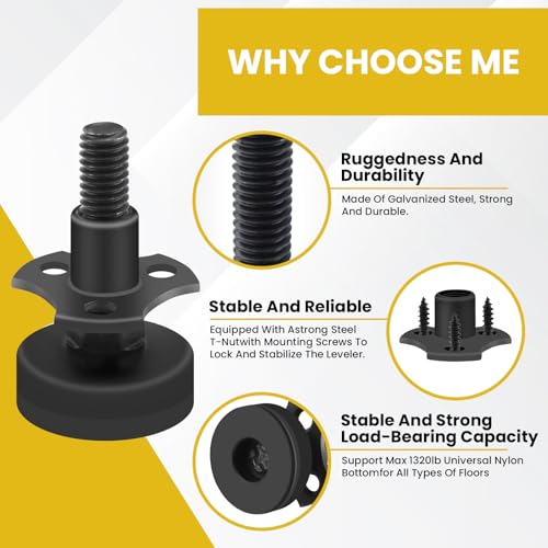 Adjustable Leveling Feet, 4 Pack 3/8"-16 Threaded Heavy Duty Leg Levelers T-Nut Kit, Large Base Furniture Levelers Support 1320LBs for Tables Cabinets Chairs Workbench Sofa and More
