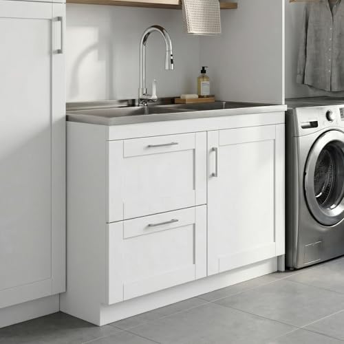 SIMPLIHOME Modern Wide Shaker All-in-One 46 inch Wide Utility Sink and Laundry Cabinet in Pure White Finish, Transitional Stainless Steel Sink Cabinet for Laundry Rooms with High-Arch Chrome Faucet - color: White, size: 46 inch