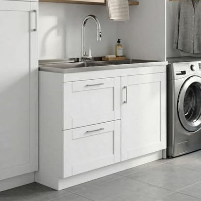 SIMPLIHOME Modern Wide Shaker All-in-One 46 inch Wide Utility Sink and Laundry Cabinet in Pure White Finish, Transitional Stainless Steel Sink Cabinet for Laundry Rooms with High-Arch Chrome Faucet - color: White, size: 46 inch