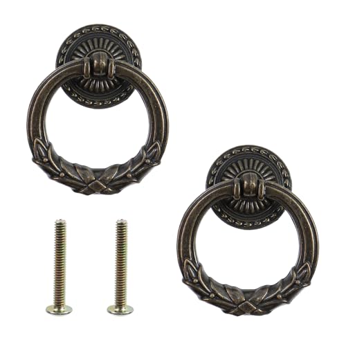MY MIRONEY 2 Pack Antique Bronze Drop Ring Drawer Pulls Zinc Alloy Vintage Cabinet Handles Hardware Knobs with Screws for Kitchen, Dresser, Cabinet - style: Type H; Antique Bronze; 2PCS
