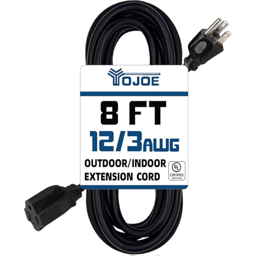 YOJOE Indoor Outdoor Extension Cord, 3 Prong 15A Weatherproof Power Cord, 12 Gauge Heavy Duty 8 ft Black Extension Cord for Garage, Garden and Home, 12/3 SJTW UL Listed - color: Black, size: 8 Foot, style: 12/3 Standard