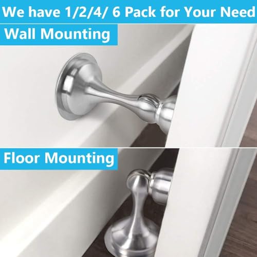 WINONLY Door Stopper, Magnetic Door Stop, Stainless Steel, Magnetic Door Catch, 3M Double-Sided Adhesive Tape, No Drilling, Screws for Stronger Mount, Hold Your Door Open, for Wide Doors (6) - style: 6 Pack-Silver
