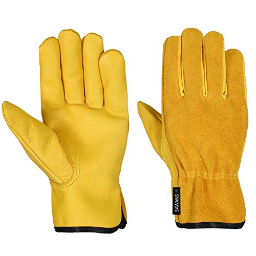 SAWANS Leather Working Gloves Work Gardening Gloves Thorn Proof Garden Heavy Duty Utility Men Women Construction - size: Large