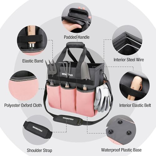 WORKPRO Garden Tool Bag, Heavy Duty Gardening Tote Bag Organizer with 10 Pockets and Long Adjustable Shoulder Strap, Standable Garden Home Tool Kits Organizer, Pink - Pink Ribbon - color: Pink