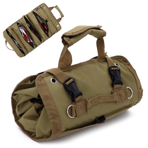 SUKUTU Tool Bag Heavy Duty Roll Up Tool Storage Organizer Portable Rollable Carrying Toolbag for Men Mechanic Electrician & Hobbyist - color: Khaki