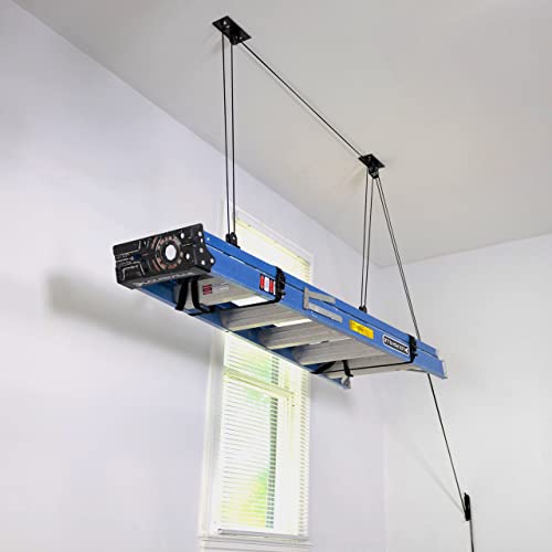 StoreYourBoard Ladder Storage Ceiling Pulley System, Garage Mount Hoist, Heavy Duty Hanging Organizer Holds 150 lbs - size: 10 ft - 14 ft Ceiling