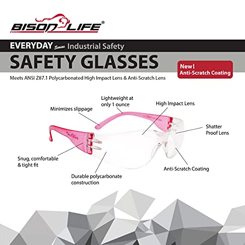 BISON LIFE Clear Safety Glasses – ANSI Z87.1 Scratch & Impact Resistant Wrap Around Eye Protection Goggles for Men & Women - color: Clear/6 Colors