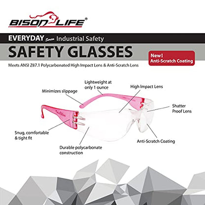 BISON LIFE Clear Safety Glasses – ANSI Z87.1 Scratch & Impact Resistant Wrap Around Eye Protection Goggles for Men & Women - color: Clear/6 Colors