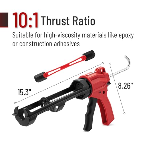 Bates- Caulking Gun Tool, 10:1 Thrust Ratio, Black & Red, 360° Rotating Plastic Barrel, Caulk Gun with Spout Cutter, Seal Puncture Tool, Built-in Scraper and Finishing Tool